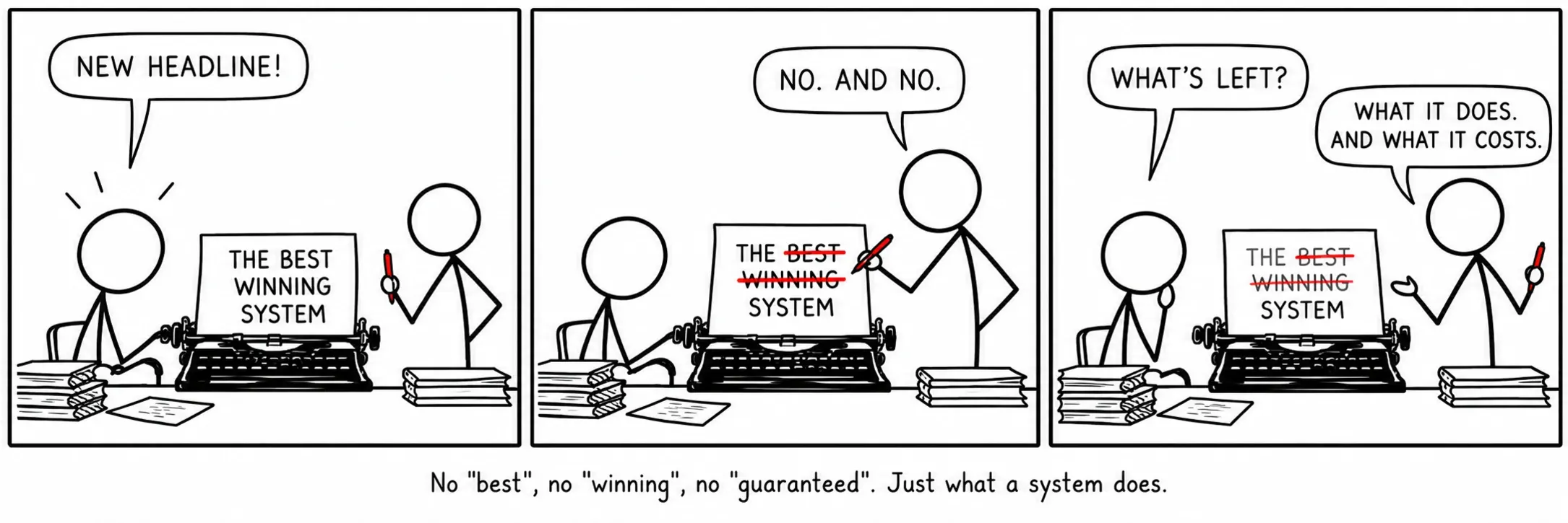 Geen “beste”, geen “winnend”, geen “gegarandeerd”. Alleen wat een systeem doet.
