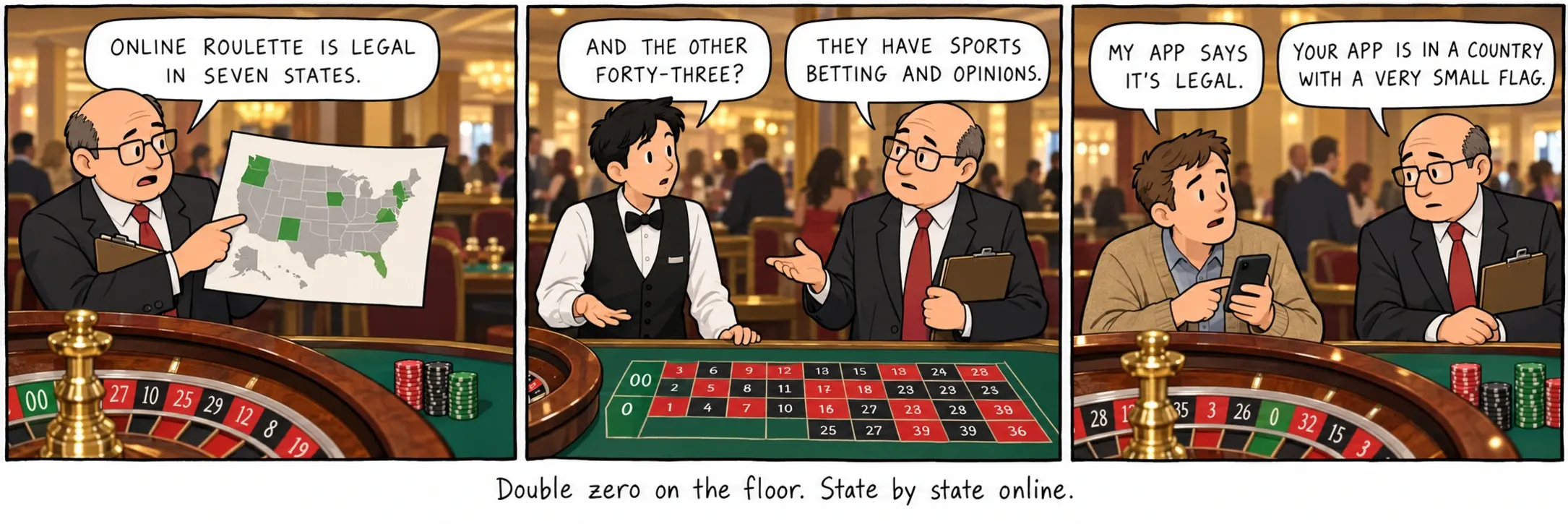 Dubbele zero op de vloer. Online per staat.