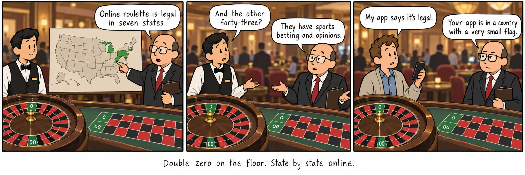 Dubbele zero op de vloer. Online per staat.