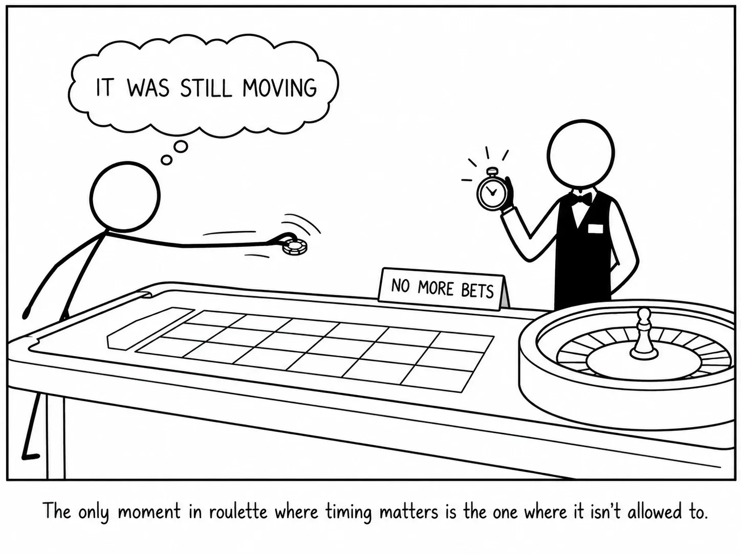 Het enige moment in roulette waarop timing ertoe doet, is het moment waarop het niet meer mag.