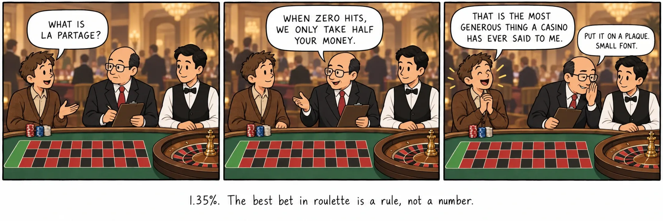 1,35%. De beste inzet bij roulette is een regel, geen nummer.