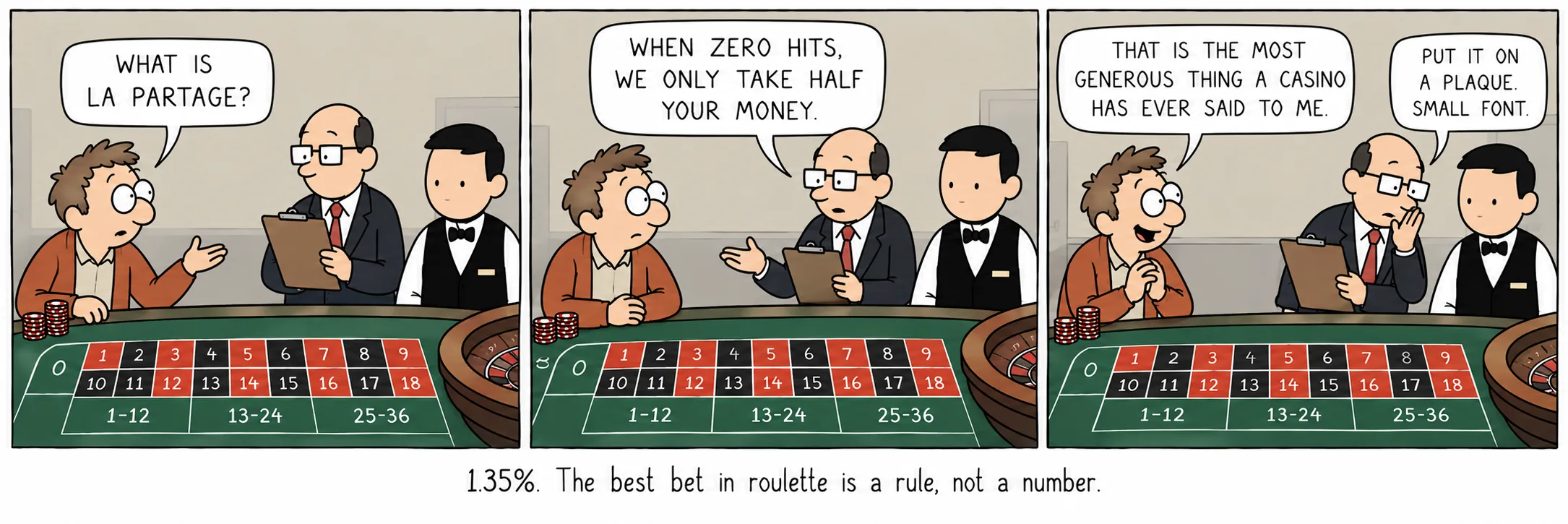 1,35%. De beste inzet bij roulette is een regel, geen nummer.