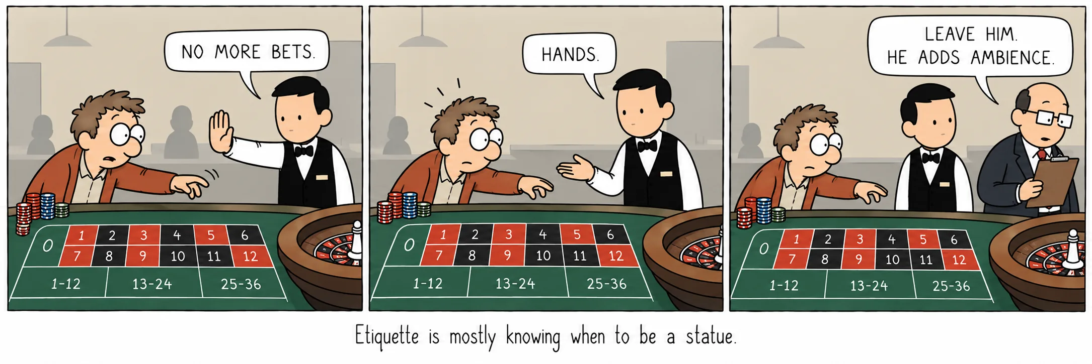 Etiquette is vooral weten wanneer je een standbeeld moet zijn.